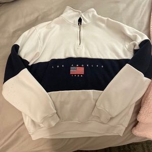 Brandy Melville White with Navy Blue quarter zip. One size fits all.